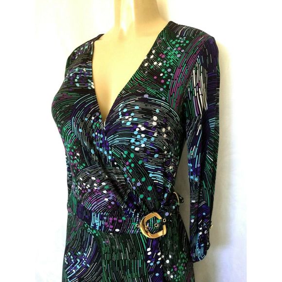 Cache Wrap Dress Purple Teal 3/4 Sleeve V Neck M - Picture 2 of 7